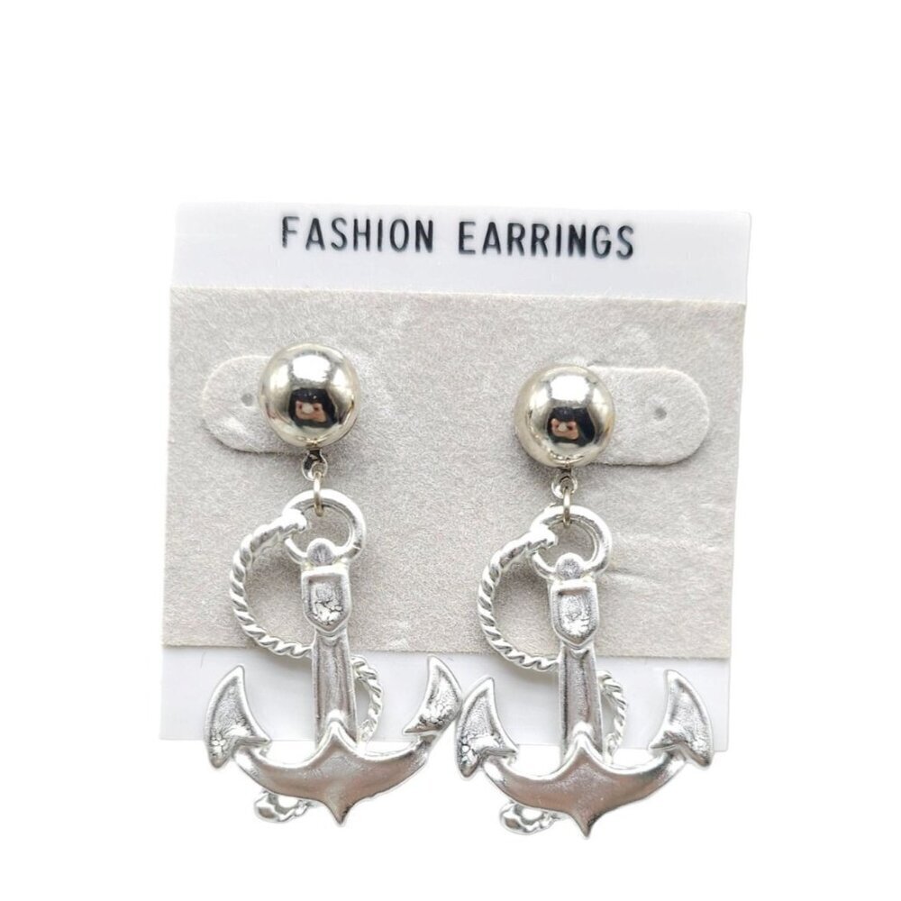 NWT 1980s Anchor Dangle Drop Earrings Silver Tone Vintage